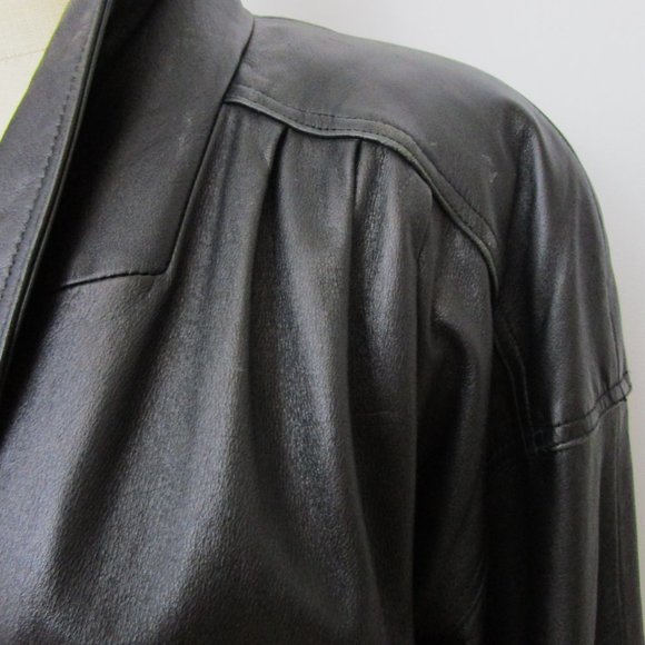 Fierce Black Leather 80s Duster Coat Oversized Wedge Korea Outerwear - Picture 3 of 12